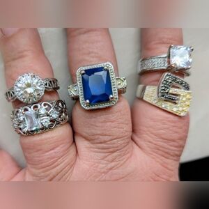 Lot Of 5 Silver Tone Rings. Silver and Blue Gemstone